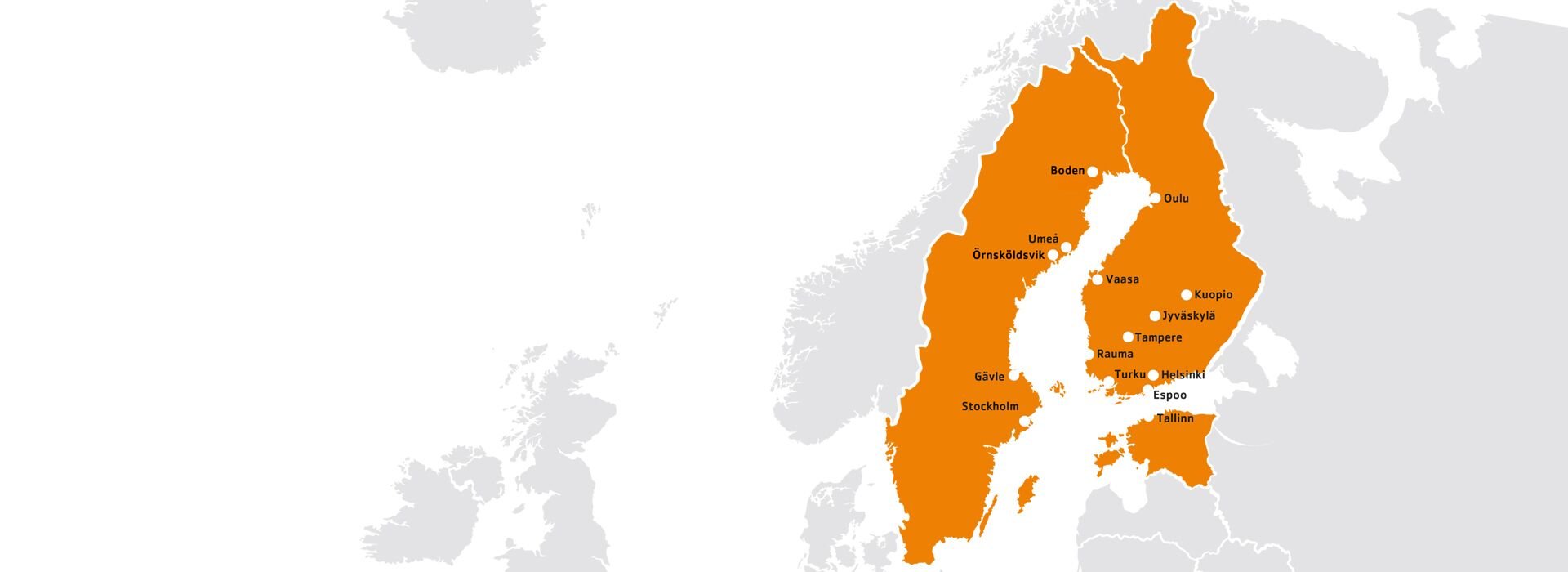 Telinekataja tegevuspiirkonnad Rootsis, Soomes ja Eestis